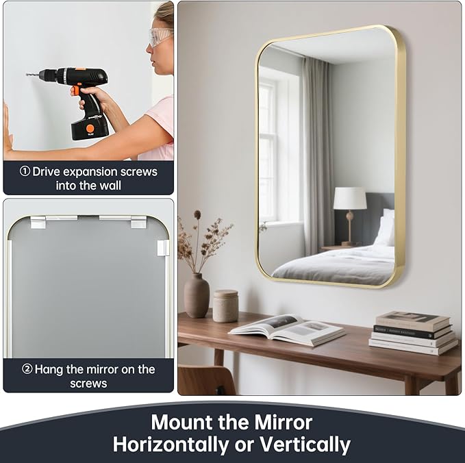 24x32 Inch Bathroom Mirror for Wall, Gold Framed Rectangle with Rounded Corner, Aluminum Alloy Brushed for Bedroom or Living Room, Vertical or Horizontal