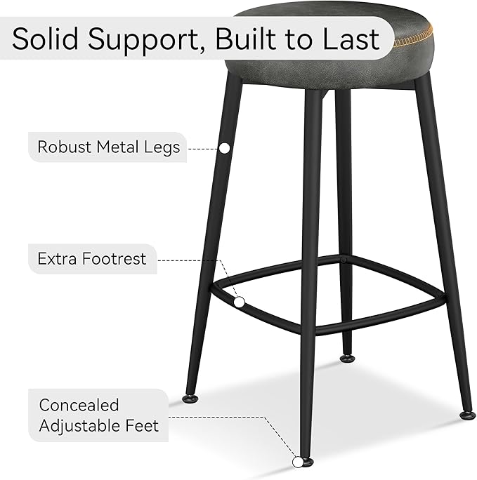 Counter Height Bar Stools, 26" H Backless Bar Stools Set of 6, Upholstered Faux Leather Kitchen Counter Stools, Mid Century Modern, Kitchen Island Home Bar, Pub, Black Grey