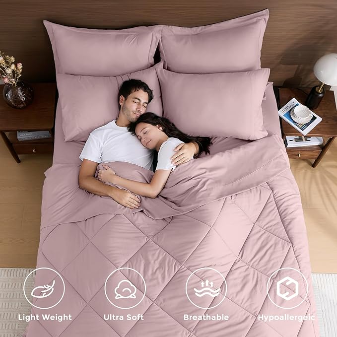 HEVUMYI Rose Gold Cali-King Comforter Set - 7-Piece All Season Bed in a Bag Cali-King, Ultra Soft Bedding Set with Comforter, Flat Sheet, Fitted Sheet, Pillowcases, Pillow Shams