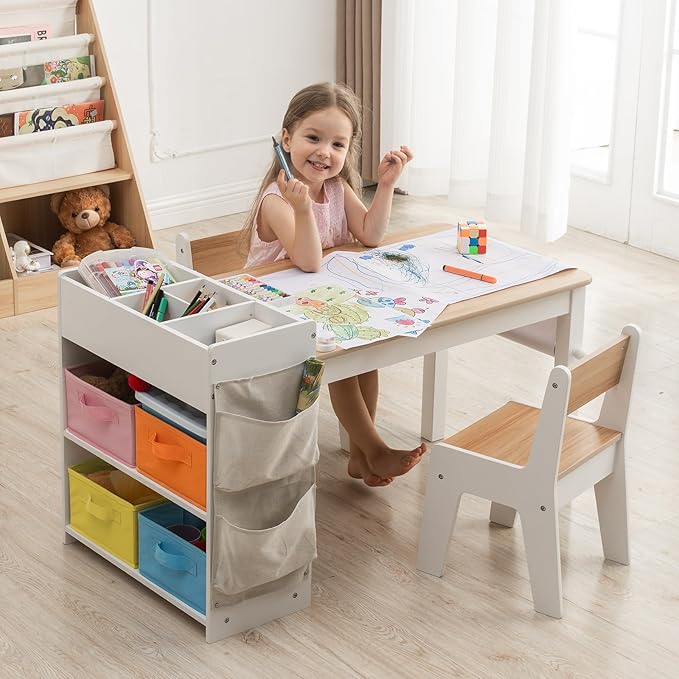 Kids Art Table and Chair - Toddler Craft Table and Chairs Set with 2 Chair & Bins, Large Storage Kids Activity Desk with Paper Roll for Playrooms & Classroom, 40" L x 20" W, Natural