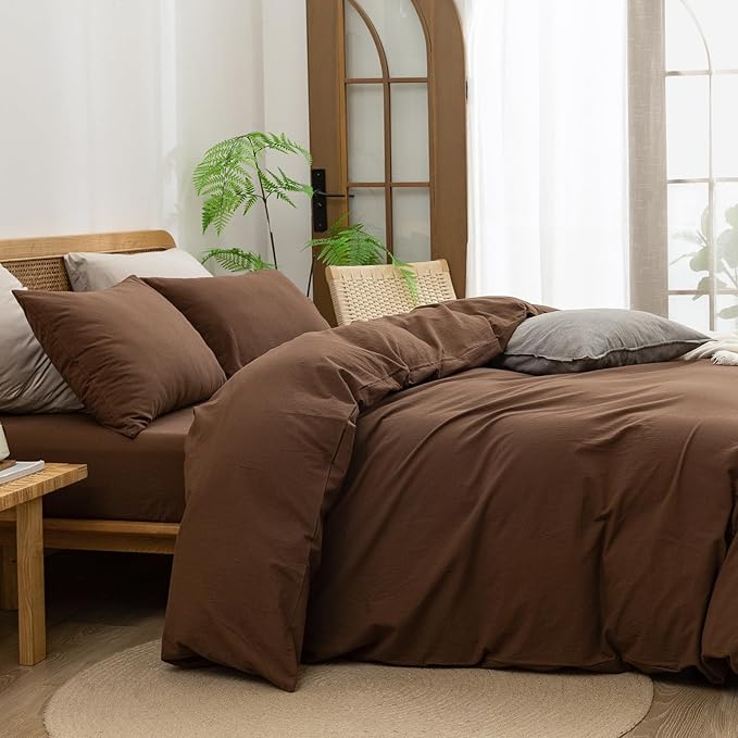 BESTOUCH Duvet Cover Set 100% Washed Cotton Linen Feel Super Soft Comfortable Chic Lightweight 3 PCs Home Bedding Set Solid Cocoa Brown Oversized King