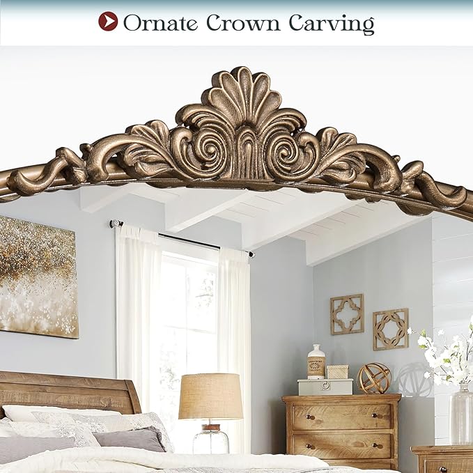 22" x 30" Arched Vintage Gold Mirror for Wall, Antique Bronze Bathroom Mirror with Metal Frame, Ornate Arch Vanity Mirror for Entryway, Mantel, Powder Room