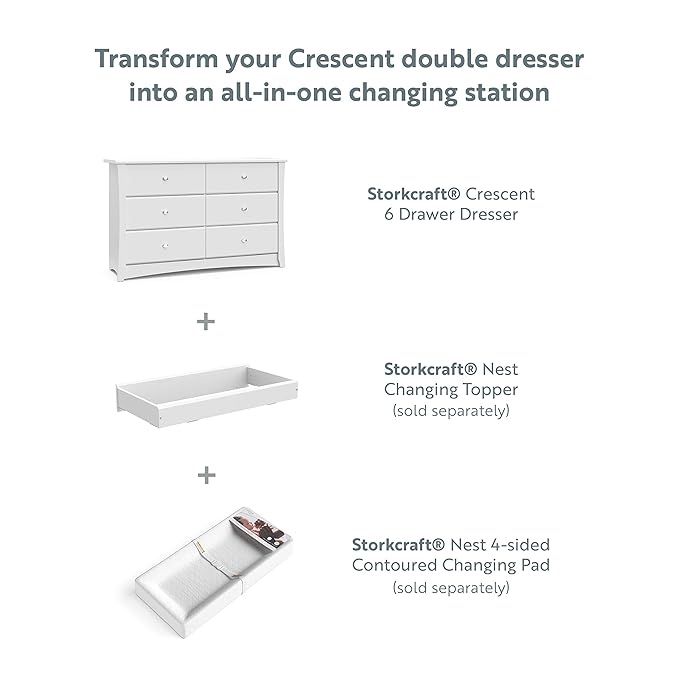 Storkcraft Crescent 6 Drawer Double Dresser (White) – GREENGUARD Gold Certified, Nursery Dresser for Kids Bedroom
