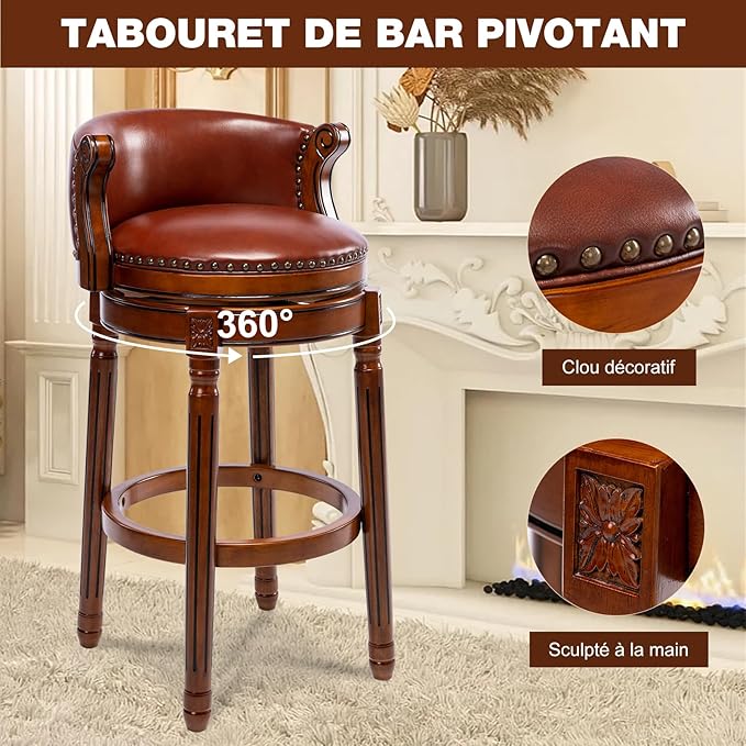 Cow top Leather Wooden Bar Stools, 26" Counter Height Bar Chair with Back, 180 Degrees Swivel Barstools Chair for Home Kitchen Counter,Dining Room, Restaurant