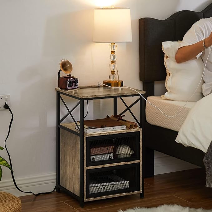 VECELO Grey End Table with USB Ports and Outlets,24 Inch Nightstands with Charging Station and Storage Shelf for Bedroom,Living Room, 2 Set