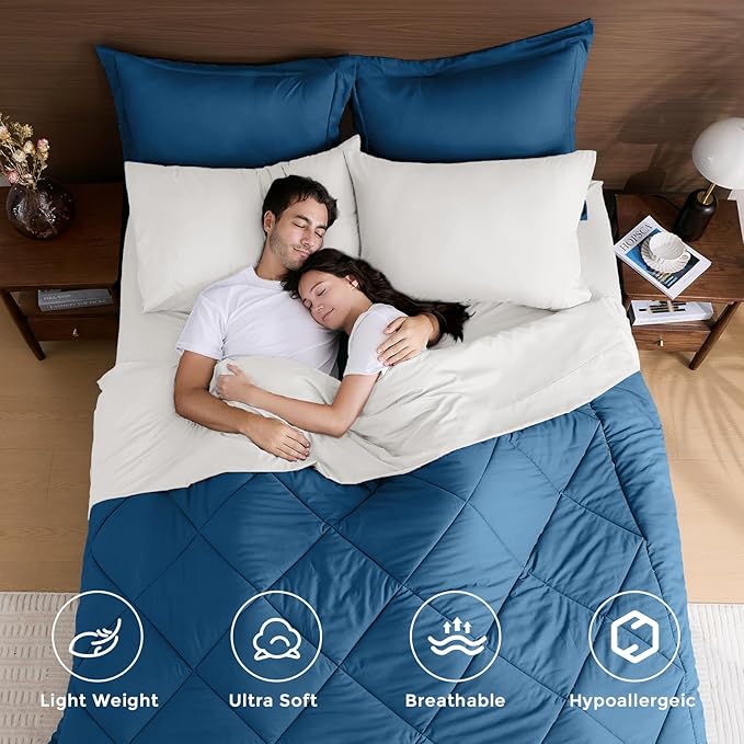 HEVUMYI Teal Blue & Ivory Full Comforter Set - 7-Piece All Season Bed in a Bag Full, Ultra Soft Bedding Set with Comforter, Flat Sheet, Fitted Sheet, Pillowcases, Pillow Shams, Teal Blue & Ivory