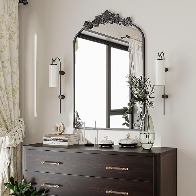 24x36 inch Vintage Arched Bathroom Mirror - Gorgeous Wall Vanity Mirror with Beautiful Retro Top and Bottom Engraving Process Frame for Entryway Hallway Living Room, Black