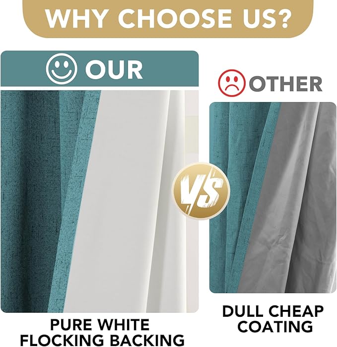 H.VERSAILTEX Linen Blackout Curtains 96 Inches Long 100% Absolutely Blackout Thermal Insulated Textured Linen Look Curtain Draperies Anti-Rust Grommet, Energy Saving with White Liner, 2 Panels, Teal
