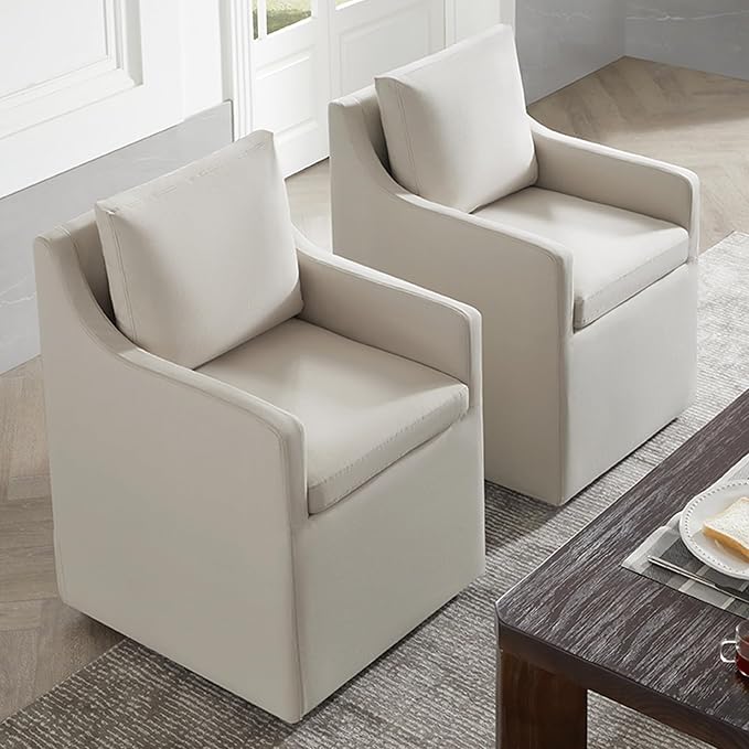 Upholstered Dining Chairs with Casters Washable Cover Side Deskchair with Rollers for Diningroom, Living Room, Flax Beige, 2 Box