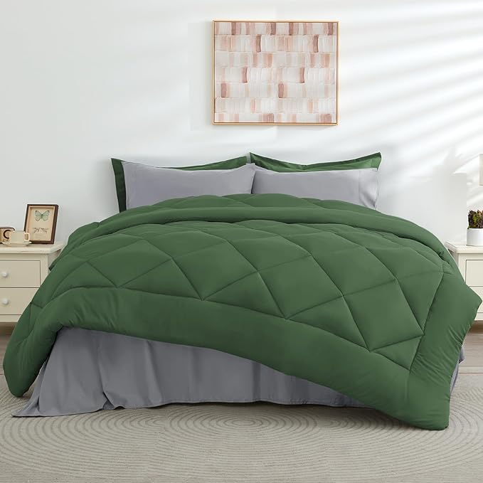 HEVUMYI Full Comforter Set - 7-Piece All Season Bed in a Bag Full, Ultra Soft Bedding Set with Comforter, Flat Sheet, Fitted Sheet, Pillowcases, Pillow Shams, Green & Light Grey
