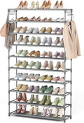 10 Tiers Shoe Rack 50 Pairs Large Capacity Tall Shoe Organizer Sturdy Shoe Storage with Two Hooks Space Saving Metal Wide Shoe Rack for Closet, Entryway, Bedroom, Grey