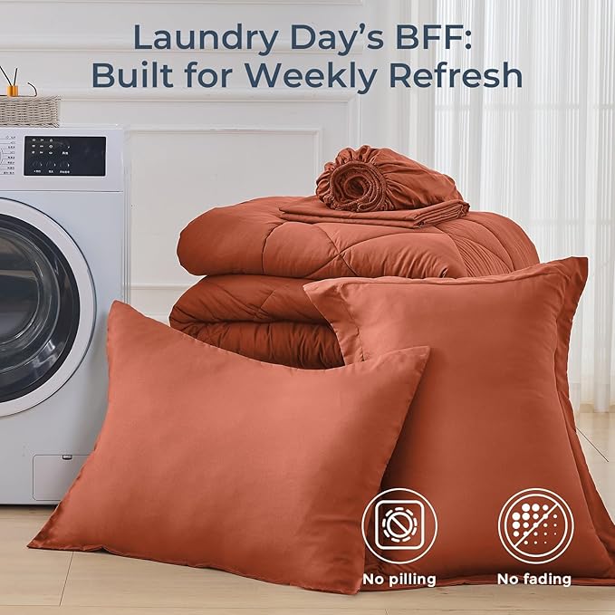 HEVUMYI Burnt Orange Twin-XL Comforter Set - 5-Piece All Season Bed in a Bag Twin-XL, Ultra Soft Bedding Set with Comforter, Flat Sheet, Fitted Sheet, Pillowcases, Pillow Shams