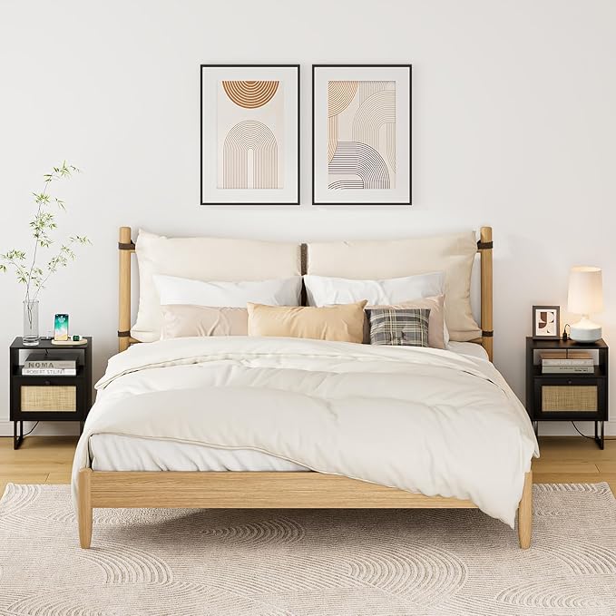 Rattan Nightstand with Charging Station, Mid Century Modern Night Stand,Boho Farmhouse Wood Bedside Table with Storage and Open Shelf, End Side Accent Table for Bedroom,Living Room,Black