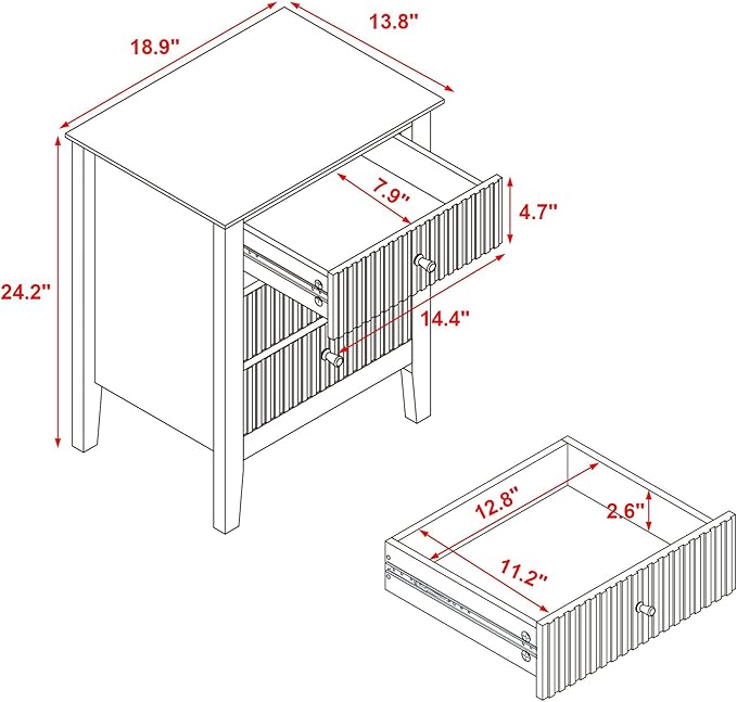 OCANDO Fluted Black Nightstand 19", 3 Drawers Night Stand, Bed Side End Table for Small Living Room, Modern Bedroom Storage Cabinet