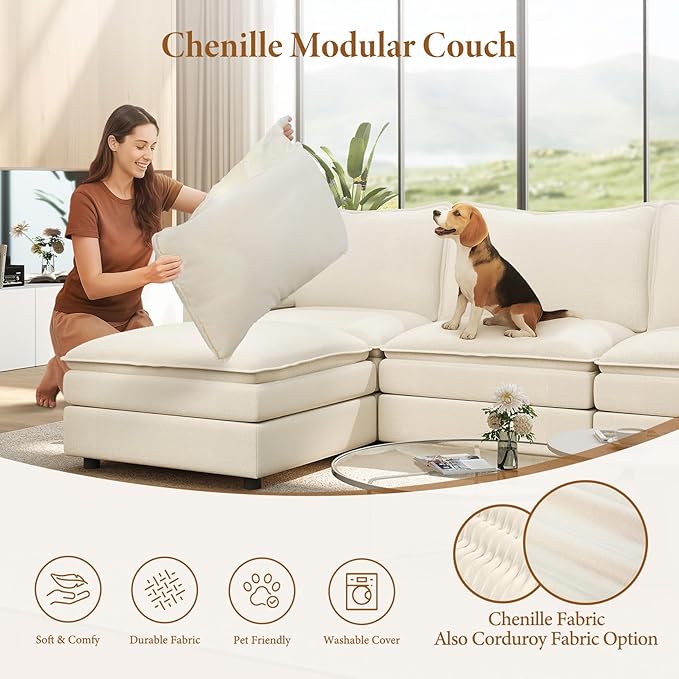 Vesgantti 142" Cloud Couch Sectional Modular Sofa, Comfy Sectional Couch with Ottoman Deep Seat Chenille L Shaped Sofa, Modular Couches for Living Room, Bedroom and Apartment, Beige