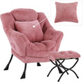 Lazy Chair with Ottoman, Comfy Reading Lounge Chair with Footstool & Throw Pillow Modern with Armrests & Side Pocket for Living Room, Bedroom, Dorm Room, Plush Dark Pink