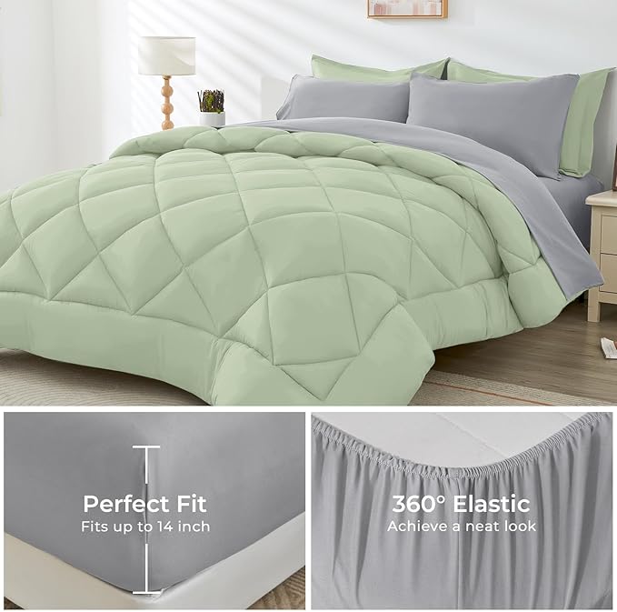 HEVUMYI Twin Comforter Set - 5-Piece All Season Bed in a Bag Twin, Ultra Soft Bedding Set with Comforter, Flat Sheet, Fitted Sheet, Pillowcases, Pillow Shams, Sage Green & Light Grey