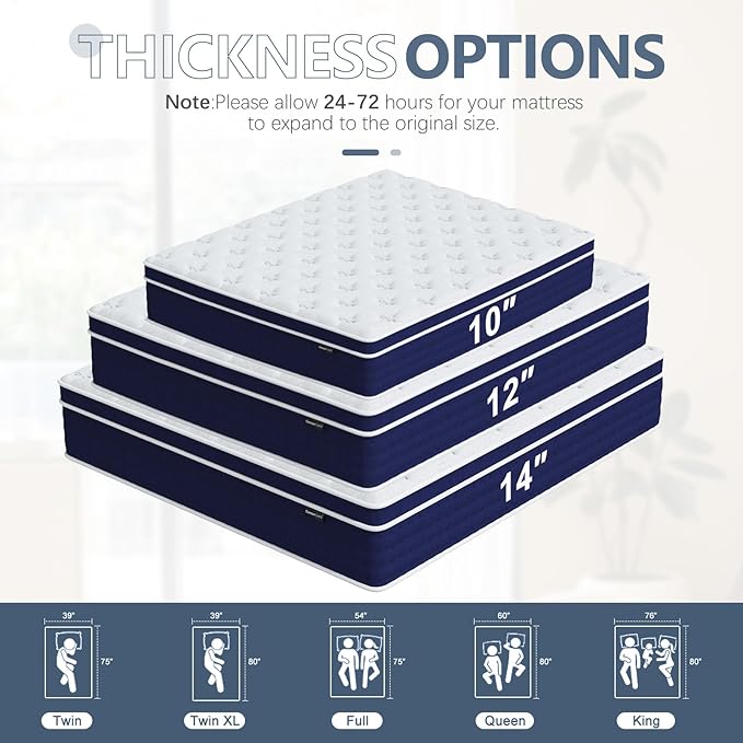 Queen Mattress, 14 Inch Queen Size Hybrid Mattress in a Box, Gel Memory Foam and Pocket Coils Innerpring Mattresses with Ergonomic Design, Cooler Sleep with Pressure Relief and Support, 60"*80"*14"