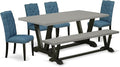 East West Furniture V697EL121-6 6 Piece Kitchen Table Set Contains a Rectangle Dining Table with V-Legs and 4 Blue Linen Fabric Parson Chairs with a Bench, 40x72 Inch, Multi-Color