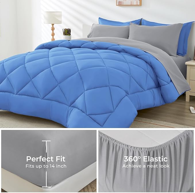 HEVUMYI Royal Blue & Light Grey Twin Comforter Set - 5-Piece All Season Bed in a Bag Twin, Ultra Soft Bedding Set with Comforter, Flat Sheet, Fitted Sheet, Pillowcases, Pillow Shams, Royal Blue