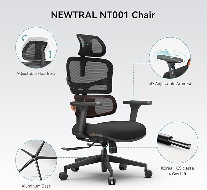 Newtral Office Chair Ergonomic - Home Office Desk Chair, Auto-Following Lumbar Support, 4D Armrest, Seat Depth and Height Adjustable for Long Time Sitting (Without Footrest, Black)