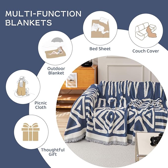 STACYPIK Boho Chenille Blue Sofa Cover L Shaped Couch Cover Reversible Couch Cover for 3 Cushion Couch Non-Silp Furniture Cover for Dogs Cats Sectional Sofa Cover for Loveseat Futon Cover-91X134IN