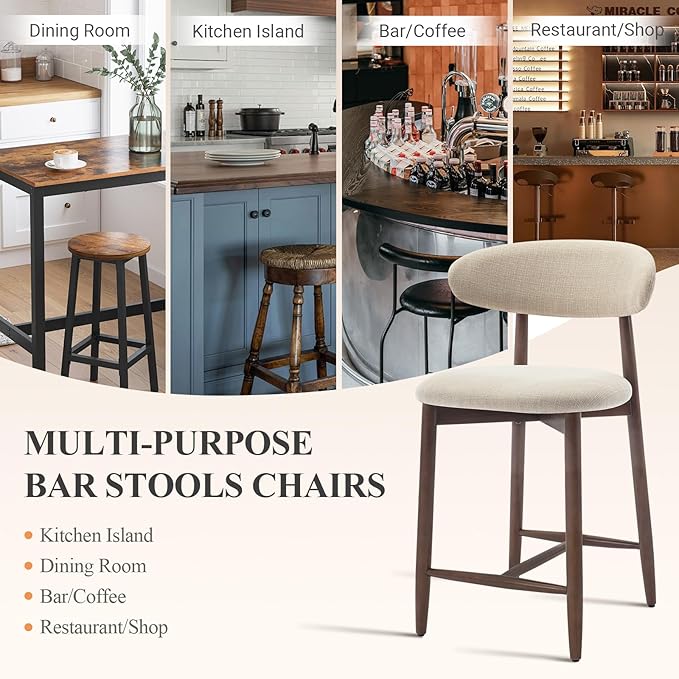 COLAMY Counter Height Bar Stools Set of 3, Upholstered Barstools with Back, Mid Century Modern Stools with Wood Legs for Kitchen Island Dining Room, Beige