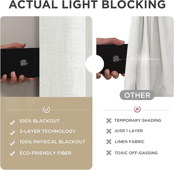 Joydeco 100% Blackout Curtains for Bedroom - Natural Linen Curtains 42" W x 108" L, Thermal Insulated 2 Panels White Light Blocking Drapes, Rod Pocket & Back Tabs, Darkening Privacy for Living Room