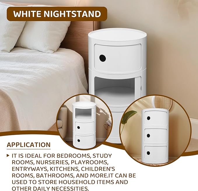 3 Tier Round with Storage, Modern Style Side Table, Multifunctional End Table Storage Cabinet for Living Room, Bedroom, Bathroom (White)