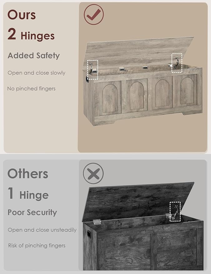 DINZI LVJ Storage Chest, 47.2”Wooden Storage Box with 2 Safety Hinges, Entryway Shoe Bench with Flip-Top, Large Trunk for Living Room, Bedroom, Easy Assembly, Gray Wash