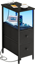 Fixwal Narrow Side Table with Charging Station and LED Light, Skinny Nightstand with 2 Fabric Drawers, Slim End Table for Bedroom, Dorm, Small Space, Black