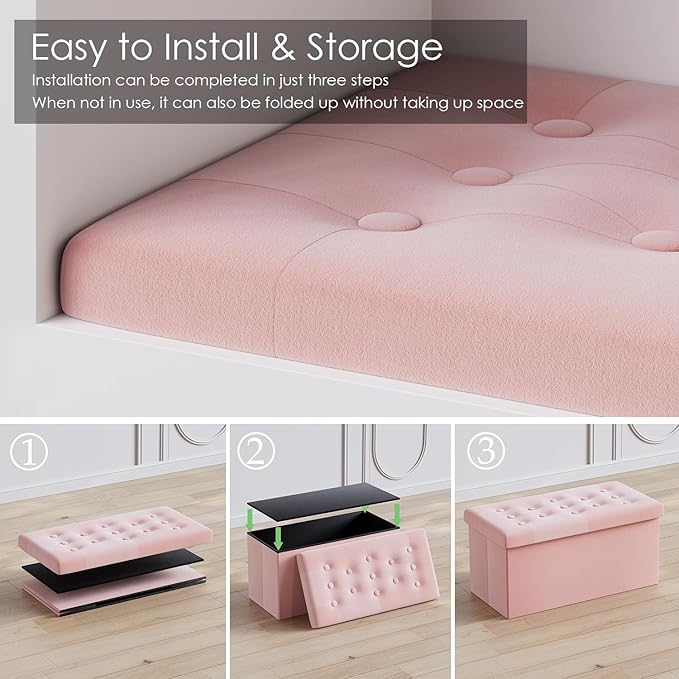 PRANDOM Extra Large Ottoman with Storage [1-Pack] Velvet Folding Small Square Foot Stool with Lid for Toy Living Room Bedroom Coffee Table Dorm Pink 30.5x15x15 inches