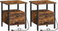 HOOBRO End Table Set of 2 with Charging Station, Nightstand with 2 Drawer & USB Ports & Power Outlets, Bedside Table for Small Spaces, Stable and Sturdy, for Living Room, Rustic Brown BF43UBZP201