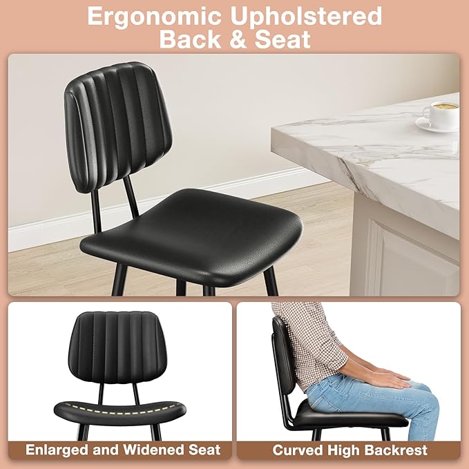 24-Inch Leather Bar Stools, Counter Height Barstools with High Backrest，Bar Chairs for Kitchen Island with Heavy Duty Metal Legs, Black
