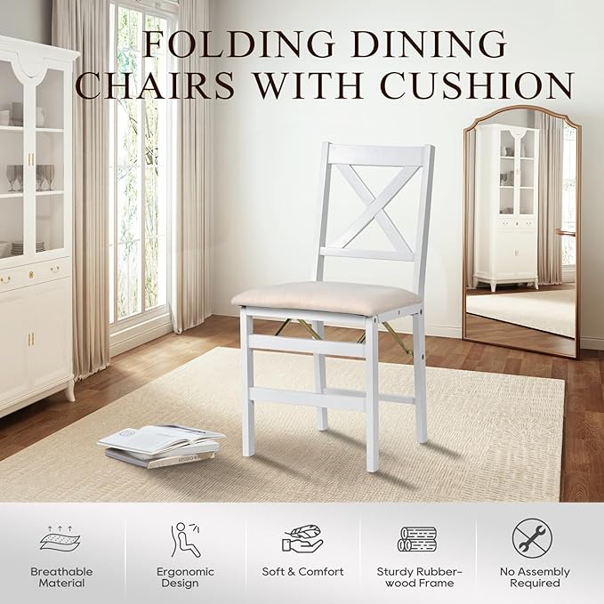 COLAMY Folding Dining Chairs Set of 2 – White Wooden Dining Room Chairs for Small Spaces, Pre-Assembled, Space Saving Kitchen & Dining Room Furniture, Indoor Outdoor Use