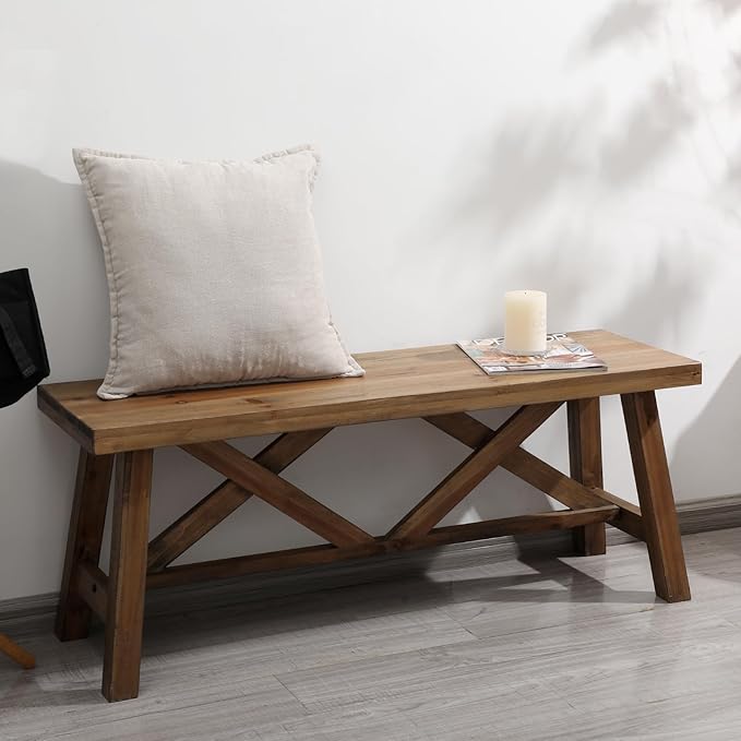 Wnutrees 43" Farmhouse Wood Bench, Rustic Solid Wood Entryway Bench Seat with Double X-Structure for Dining Room, Living Room, Hallway, Structural Stability, Natural