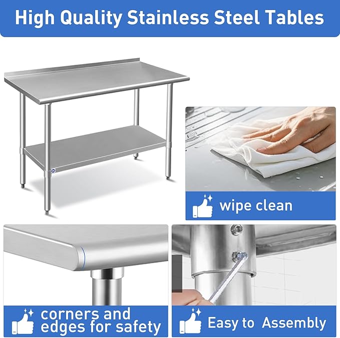 ROCKPOINT Stainless Steel Table for Prep & Work with Backsplash 14x24 Inches, NSF Metal Commercial Kitchen Heavy Duty Table with Adjustable Under Shelf and Table Foot for Restaurant, Home and Hotel