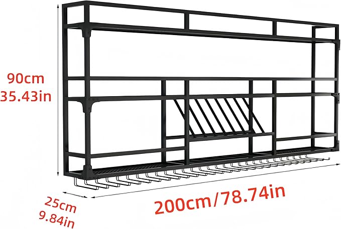 Metal Wall-Mounted Wine Rack with LED Light - 3 Tier Wine Storage Display Rack with Glass Holder - Space-Saving Bottle Display Shelf for Home Bars, Dining Rooms(Black, 79in/200cm)