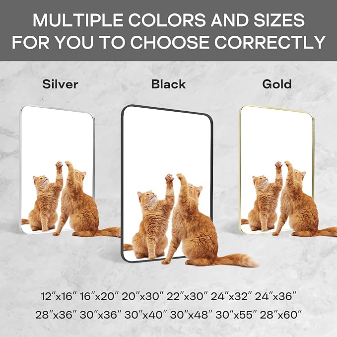 Silver Framed Bathroom Mirror, Brushed Nickel Large Rounded Corner Rectangle Wall Mirror, Tempered Glass, Shatter Proof, Anti-Rust, Hangs Horizontally or Vertically (28" x 36", Silver)