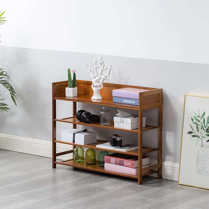 4 Tier Shoe Rack Organizer, 4 Tire Bamboo Stackable Shoe Shelf Storage Organizer, for Entryway, Hallway, and Closet (Brown)