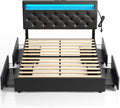 Rolanstar Full Size Bed Frame with 4 Storage Drawers and Charging Station, Full Bed with Led Lights, 2 USB & 1 Type C, Adjustable Headboard 38.9/40.8 Inches, No Box Spring Needed, Black
