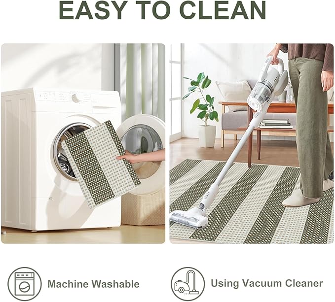 OJIA Outdoor Rug 3'x5', Washable Entryway Rugs Indoor Fall Front Door Mat Cotton Woven Checkered Front Door Rug Small Area Rug Halloween Doormat for Porch Kitchen Patio Bathroom (Green/White/Tan)