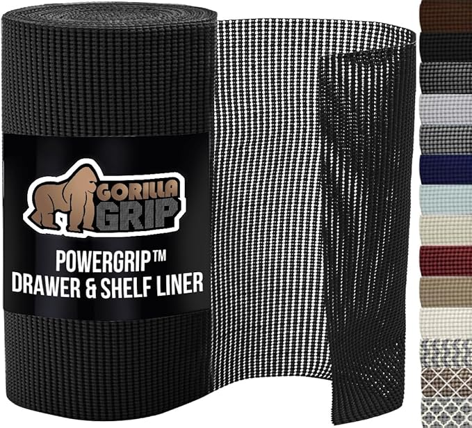 GORILLA GRIP powerGRIP Drawer Shelf and Cabinet Liner, Thick Strong Hold, Non-Adhesive Liners Protect Kitchen Cabinets and Cupboard, Bathroom Drawers, Easy Install, Breathable Mat, 20" x10', Black