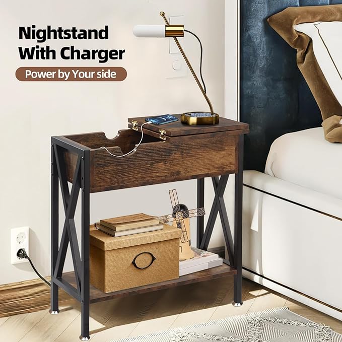 TooCust End Tables Living Room with Charging Station, 11.2" D x 24" W x 24" H, Flip Top Side Table with USB Ports and Outlets, Couch End Tables, Narrow End Table with 5.5" Deep Drawer