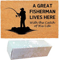 Funny Coir Doormat with A Great Fisherman Lives Here with The Catch of His Life - Front Door Mat, Entryway Welcome Mat, 23.7 x 15.7 inch