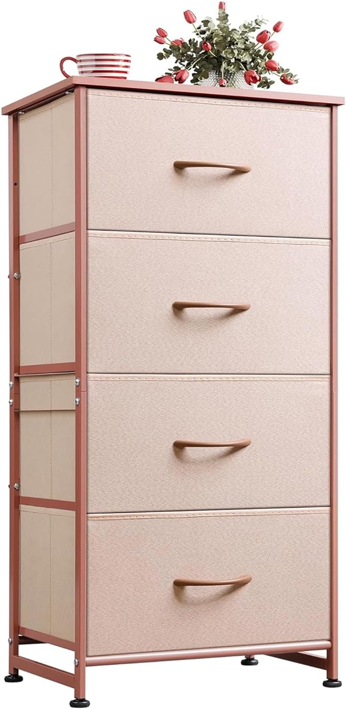 WLIVE 4 Drawers Dresser for Bedroom, Pink Rose Gold Fabric Clothes Storage Organizer Unit, Dresser for Hallway, Entryway, Closets, Sturdy Steel Frame, Wood Top