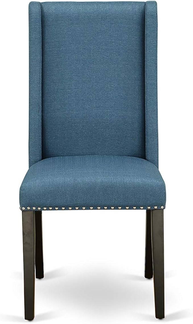 East West Furniture NOFL5-BLK-21 5 Piece Dinette Set for 4 Includes a Rectangle Dining Room Table with Butterfly Leaf and 4 Blue Linen Fabric Upholstered Chairs, 32x54 Inch, Black