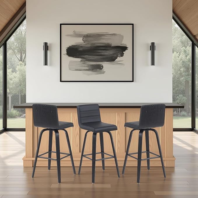 Vienna Modern Swivel Bar Height Stool with Black Faux Leather Seat and Black Brushed Wood Frame Set of 2