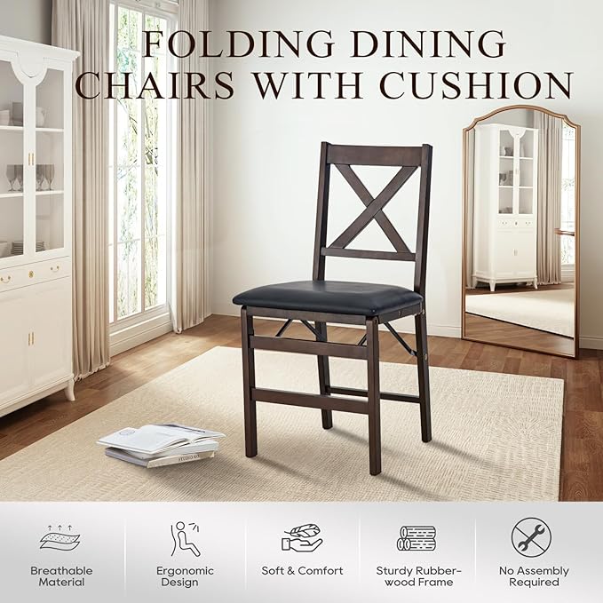 COLAMY Folding Dining Chairs Set of 4 – Dark Brown Wooden Dining Room Chairs, Pre-Assembled, Space Saving Kitchen & Dining Room Furniture, Mid Century Rustic Style, Indoor Outdoor Use