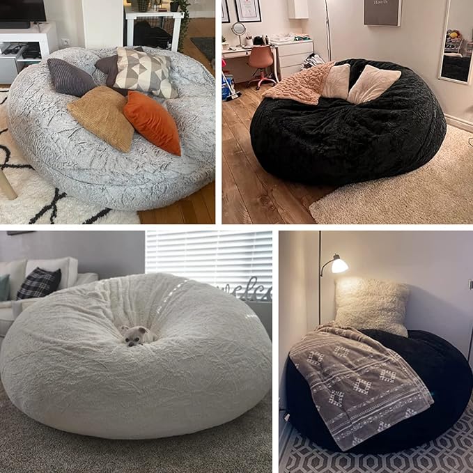 (No Filler) Bean Bag Chair Cover Without Filler,Big Round Soft Fluffy PV Velvet Washable Bean Bag Lazy Sofa Bed Cover for Adults,Living Room Bedroom Furniture Outside,5ft Black
